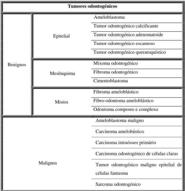 Tab. 2 – Classificação dos tumores odontogénicos. Adaptado de (Slootweg, 2009) 