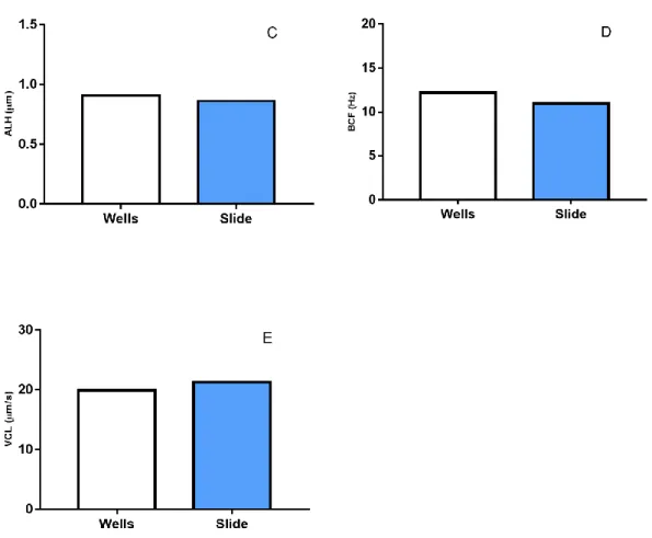 Figure 12 Sperm motility parameters comparing well slides (white bars) and regular microscopy slides (blue bars)