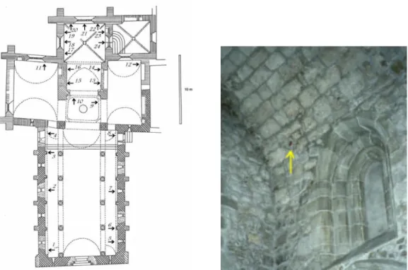 Fig. 3.15 – Planta da igreja de Grandson (Suíça) onde se identifica a localização de 24 vasos  acústicos localizados até à data (à esquerda); um dos vasos embutido na abóbada da igreja de 