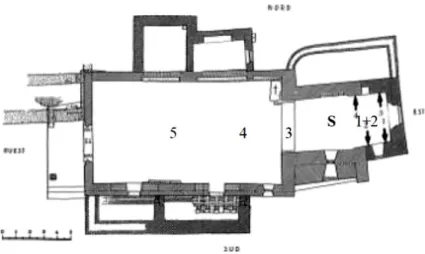 Fig. 3.29 – Planta da igreja de Villette, com a localização da fonte sonora  (S), posições dos cinco recetores sonoros e dos quatro vasos acústicos [15].