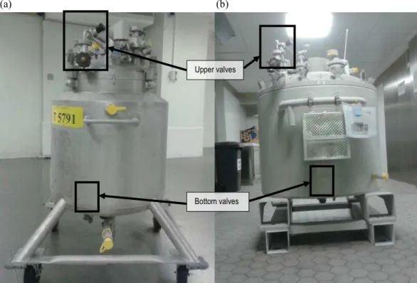 Figure  14.  US  Cryo-vessel  type  of  (a)  120  L  and  (b)  300  L,  with  upper  and  bottom  valves  highlighted.