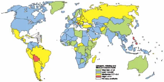 Figura 5: CPOD médio da população de crianças de 12 anos, distribuição mundial. 