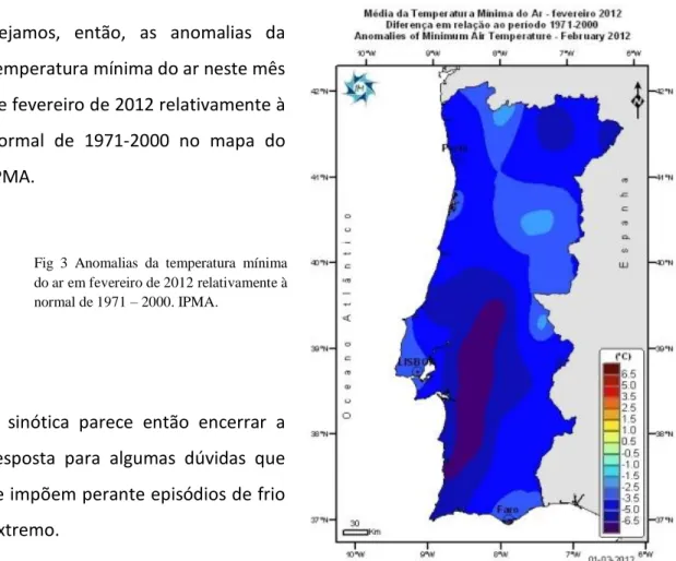 Fig  3  Anomalias  da  temperatura  mínima  do ar em fevereiro de 2012 relativamente à  normal de 1971 – 2000