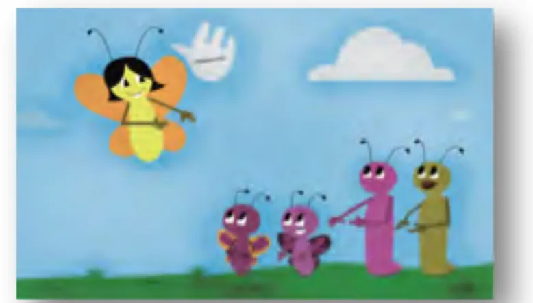 Figura 9 - Família de lagartas ouvintes na aula de Libras com uma professora borboleta  surda