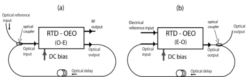 Fig. 2. Self-phase locking in (a) optical-to-electrical (O-E) and (b) electrical-to-optical (E-O)  schemes