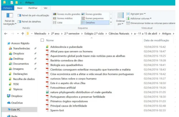 Figura 11 - Printscreen da pasta dos artigos para a tarefa &#34;Leitura e análise de notícias sobre a infertilidade no computador.