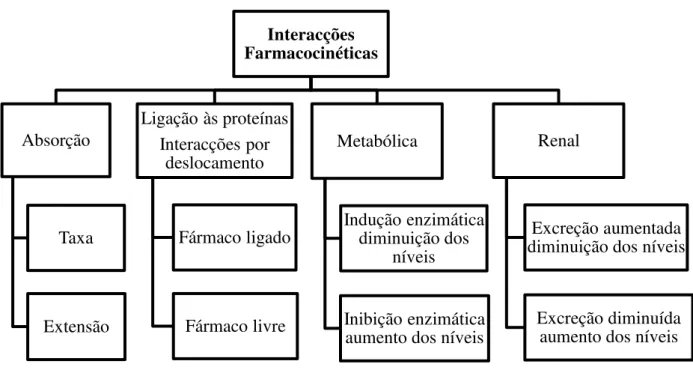 Figura 2: Tipos de interacções farmacocinéticas (adaptado de  MeReC Bulletin, 1999)