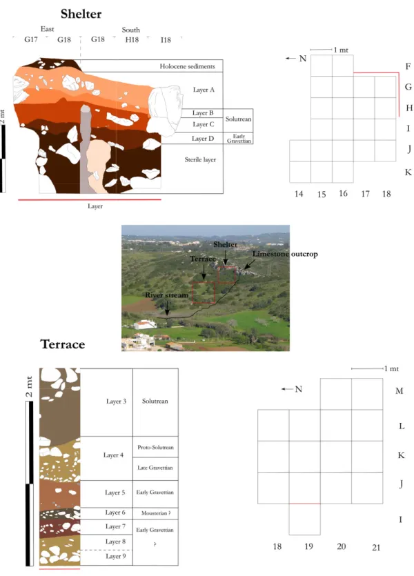 Fig. 2. Plan view and profiles of Rockshelter and Terrace. Plan view and profiles of Rockshelter and Terrace