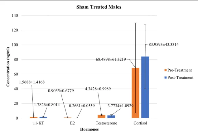 Figure 3.3) Bar chart of the mean hormone levels throughout the male tested population before and after the Sham  treatment (N=4)(mean±SE)