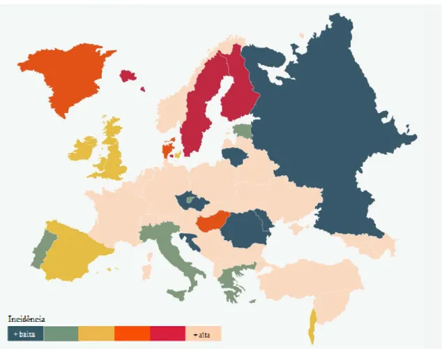 Figura 2.1: Mapa da Europa com taxas de incidência  em 100000 casos de  doentes com  Doenças Inflamatórias Intestinais e com idade superior a 15 anos, em 2010.(8) 