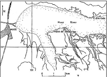 FIGURA 2. Localização geográfica dos concheiros de Moita do Sebastião, Cabeço da Arruda e Cabeço da Amoreira (adaptado de Lentacker, 1986: 11).