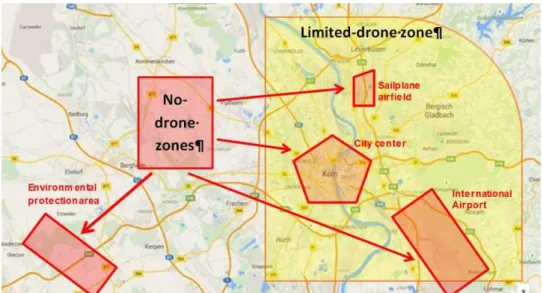 Figura 14 – Zonas de exclusão (no-drone zones) e zonas de inclusão limitada (limited-drone zone) de  veículos aéreos não tripulados  