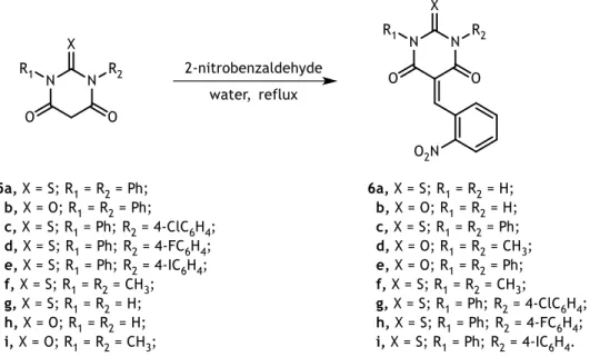 Table 3.5 - FTIR spectra, melting points and yield for the synthetized 5-(2-nitrobenzylidene)pyrimidines  6a-i