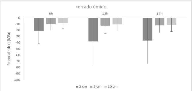 Figura  1.7:  Média  e  desvio  padrão  do  potencial  hídrico  do  solo  no  cerrado  úmido  para  as  três  profundidades e horários avaliados no estudo 