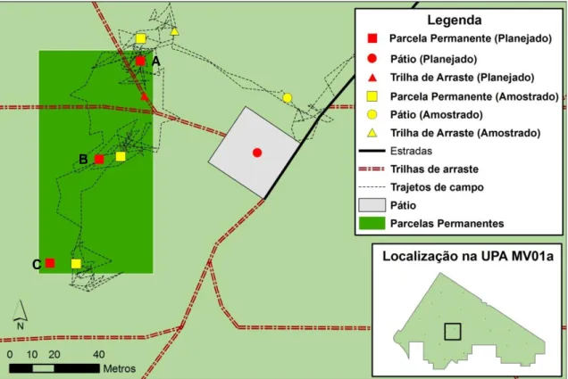 FIGURA  3.  Mapa  de  localização  de  parcela  permanente  estudada  na  UPA  MV01  (2009),  Mil  Madeiras  Preciosas,  Silves,  AM