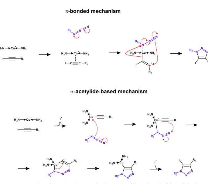 Figure 2: Proposed reaction mechanisms for the Cu+-catalyzed coupling of azides to iodoalkynes 28