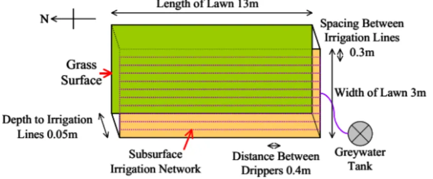 Figure 2.4: Layout and dimensions of subsurface irrigation network and irrigated lawn.