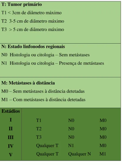 Tabela  1  –  Sistema  modificado  de  estadiamento  de  TMC´s  (segundo  Lana,  Rutteman  &amp; 