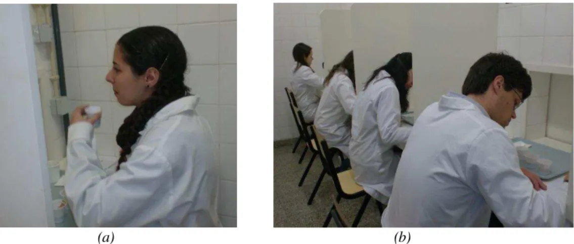 Figura 5 – (a) análise do aroma/odor; (b) – provadores nas respetivas cabines de prova
