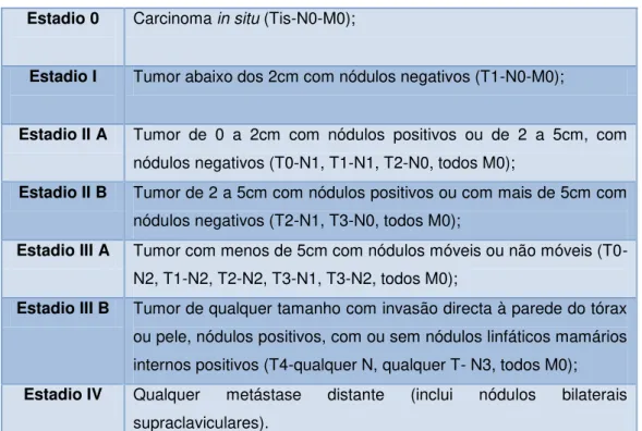 Tabela 1 - Estadiamento TNM do cancro da mama: adaptado de Otto, 2000, p. 103 