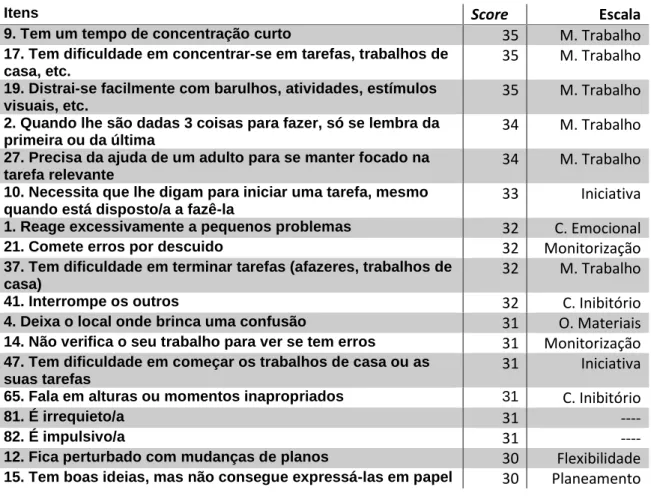 Tabela 7 Tabela dos valores máximos do score dos itens, segundo a mãe 