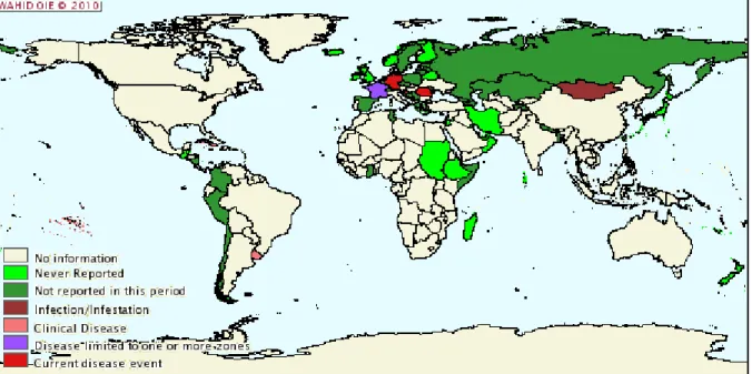 Figura  3  –  Distribuição  mundial  de  Brucella  suis  no  período  de  Junho-Dezembro  de  2009