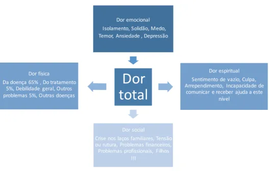 Figura  1: Dor total,  segundo Cicely  Saunders adaptado de Dor Total vs Sofrimento:  a Interface  com os Cuidados Paliativos de Paula Sapeta in: Revista DOR volume 15 nº1 de 2007.