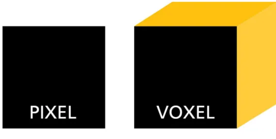 Figura 9- Representação do pixel e do voxel. O pixel compreende medidas de comprimento e largura  (x,Y) enquanto que o voxel compreende medidas de comprimento, largura e profundidade (x,y, z)