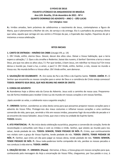 O POVO DE DEUS FOLHETO LITÚRGICO DA ARQUIDIOCESE DE BRASÍLIA