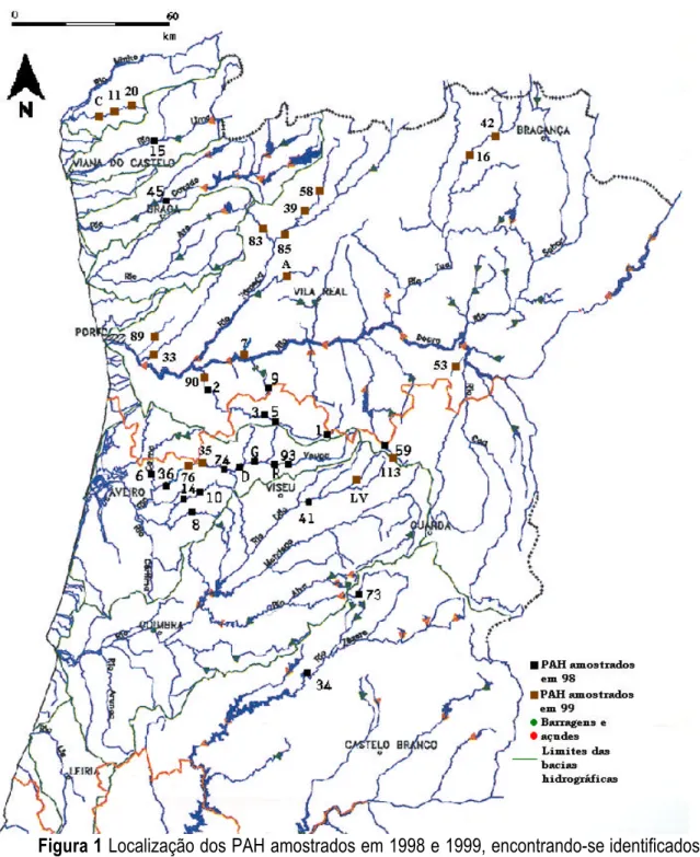 Figura 1 Localização dos PAH amostrados em 1998 e 1999, encontrando-se identificados pelo  número de processo, ou pela inicial do nome
