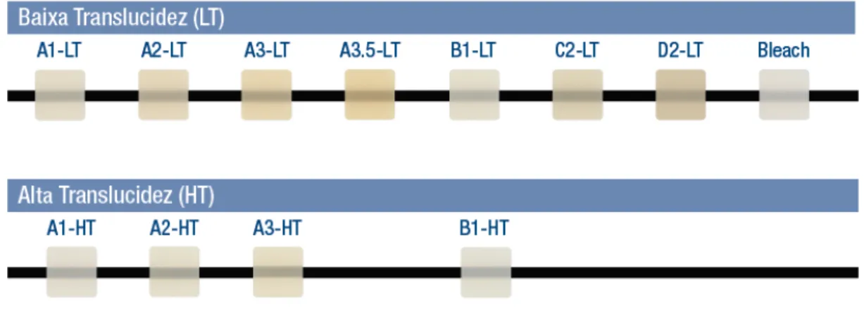 Figura 5 - Escala de cores com as 2 translucências e 8 tonalidades disponíveis para os blocos de Lava™ 