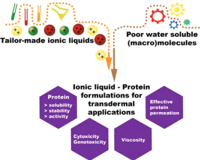 Figure 3. Relationship between ILs and poorly soluble (macro)molecules in the development of IL-protein formulations for transdermal delivery (adapted  from reference 105).