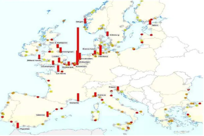 Figura 4 – Movimento de carga bruta de mercadorias nos portos da Europa, por via marítima 1997- 1997-2010 (milhões de toneladas) (Eurostat, 2012) 