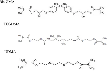 Figura  nº  1  -  Esquema  da  estrutura  química  das  moléculas  de  Bis-GMA,  TEGDMA  e  UDMA, componentes das resinas compostas