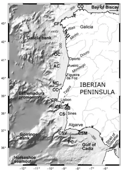 Figura 1 - Geografia do ecossistema oeste da península Ibérica, apresentando as  características principais referidas no texto