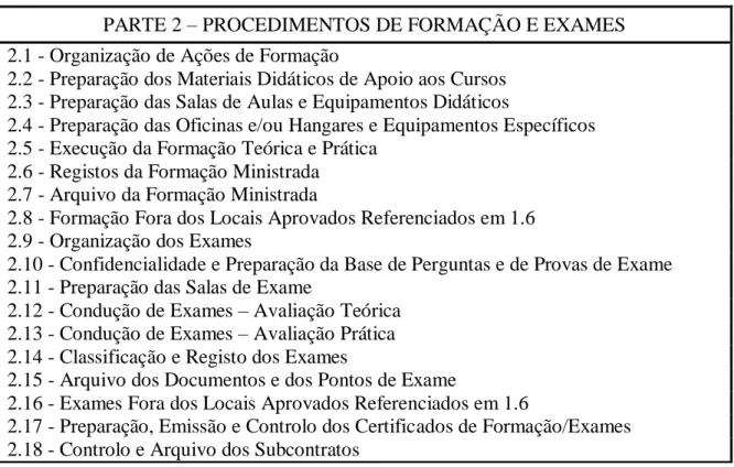 Tabela 3 - Procedimentos de formação e exames 