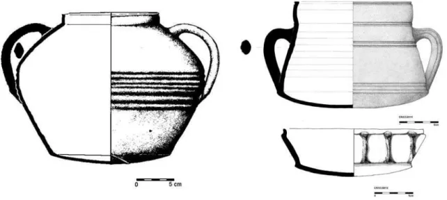 Fig. 9. Panelas e caçoila encontradas nas escavações da Alcáçova do Castelo  de Mértola (séc