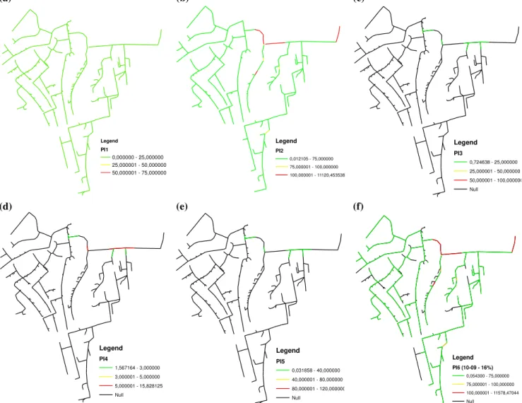 Figure 2 -  Performance Indicators for RDII: (a) PI 1 ; (b) PI 2 ; (c) PI 3 ; (d) PI 4 ; (e) PI 5 ; (f) PI 6  for 10-09 and A 1 ’ =16% scenario  Figure 2 (a) shows that all sewers in the network are below 25% which means a good performance in PI 1 