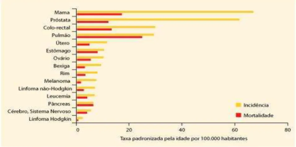 Figura 1. Incidência e mortalidade por tipo de cancro em Portugal, em 2008. 
