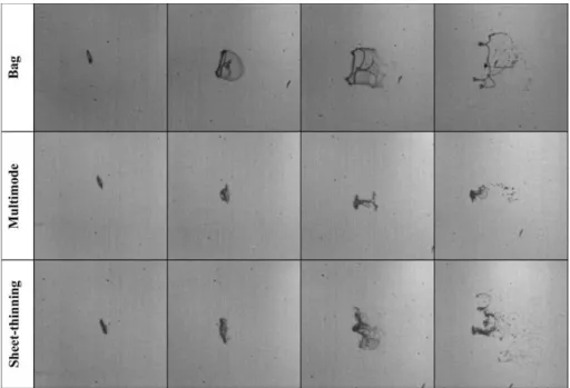 Figure 2.6: Shadowgraphs of secondary breakup of single liquid drops, from Guildenbecher et al