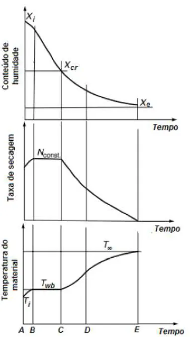 Figura  7:  Variação  de  humidade,  velocidade  e  temperatura  de  um  sólido  poroso  higroscópico  para  condições  de  secagem constantes (MOLNÁR, 2009)
