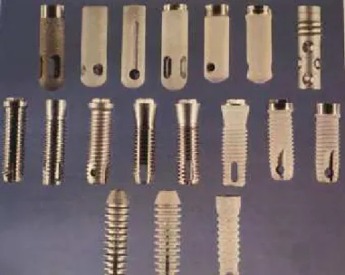 Figura 3: Diferentes tipos de desenho do corpo do implante da categoria de implantes de “forma radicular”,  cujo o corpo utiliza uma coluna óssea vertical (C