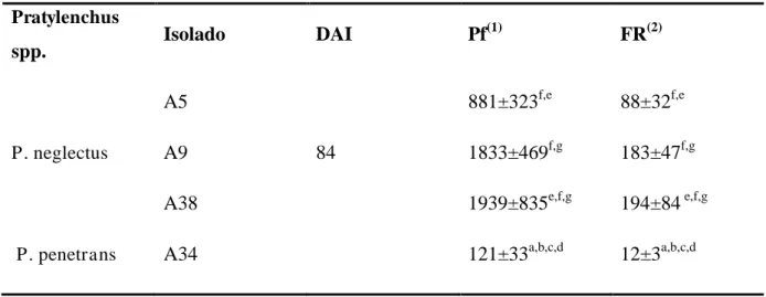 Tabela 5- População final por disco de cenoura (Pf) e fator de reprodução (FR) de  Pratylenchus neglectus  (A5, A9,  A38) e  P