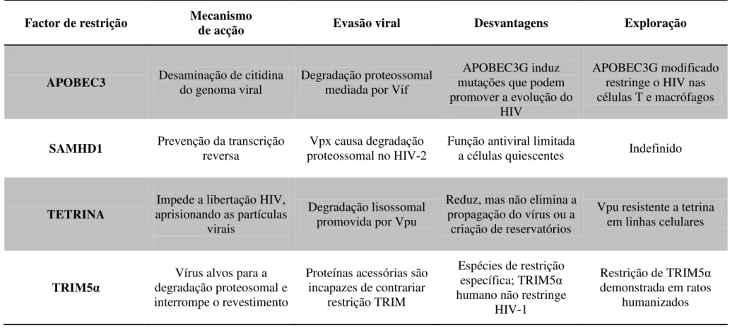Tabela 1  –  Síntese dos factores de restrição anti-HIV e as suas características principais