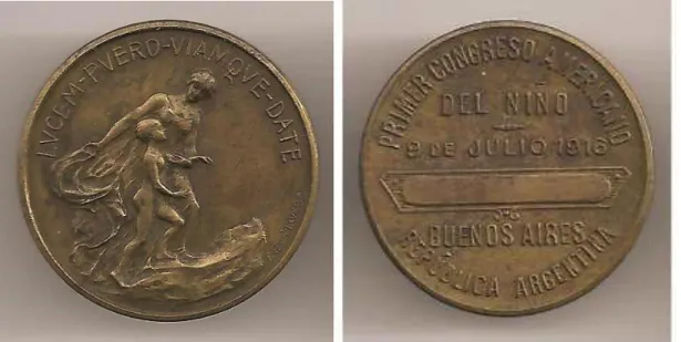 Figura  4  -  Anverso  e  reverso  do  medalhão  comemorativo  do  Primeiro  Congreso  Americano  del  Ninõ,  Argentina, 1916