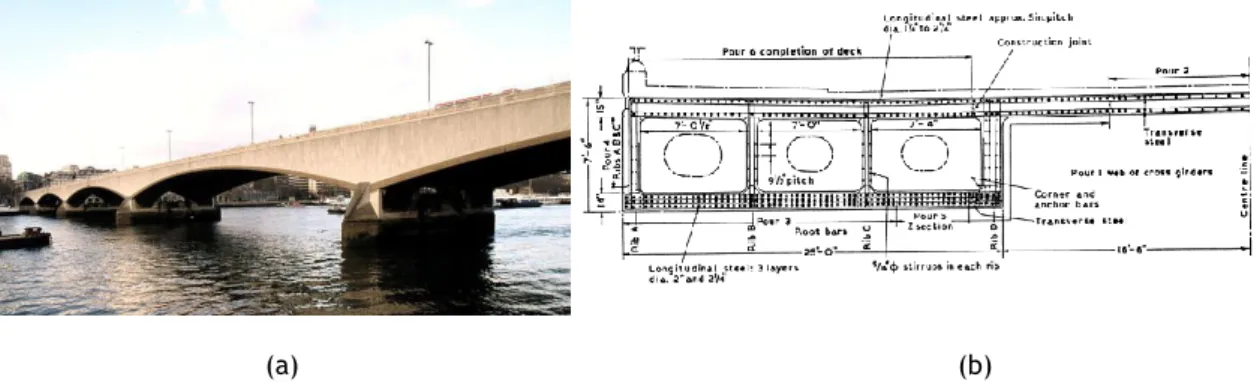 Figura 1.2. Ponte Waterloo (a) e respetiva secção transversal (b), [25] [3] 