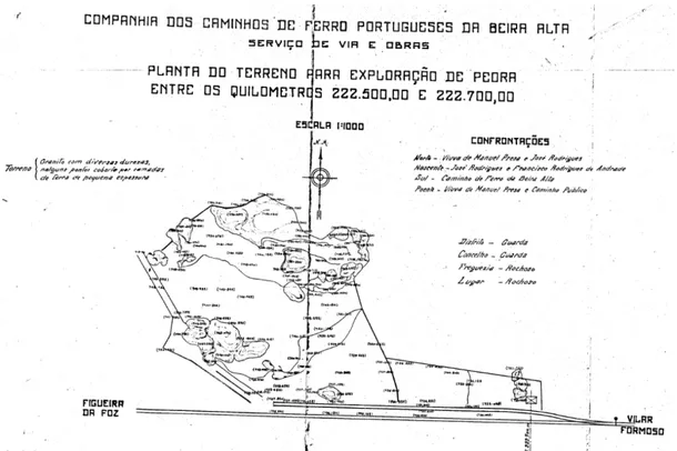 Figura 2.2: Planta do terreno para exploração da pedra de granito para construção das alvenarias (REFER,  1944) 