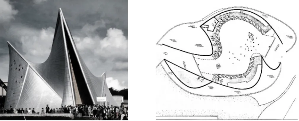 fig.  1.10.  Philips  Pavilion,  Bruxelas,  1958,  de  Le  Corbusier.  Imagem  e  planta  do  edifício  que,  para  além  da  sua  estrutura  parabolóide  hiperbólica,  através  do  seu  poema  electrónico  produzido  em  parceria  com  Iannis  Xenákis  e 