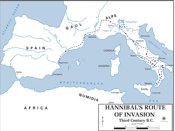 Figura 13: O plano de invasão por terra feito por Amílcar Barca, concretizado pelo seu filho  Aníbal Barca, com a rota que o próprio seguiu
