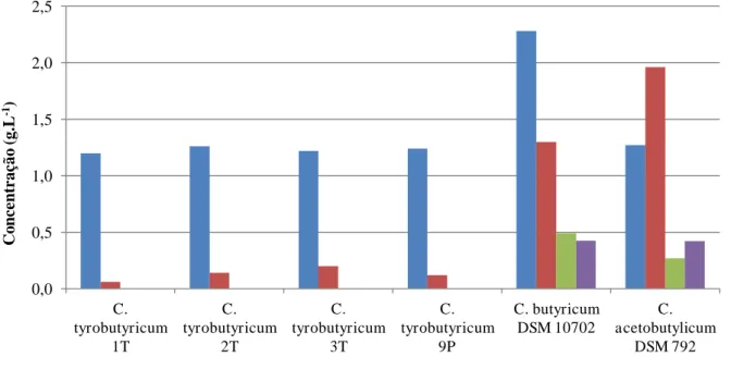 Figura 6 – Ácidos orgânicos produzidos e quantificados ao fim de 72, 166 e 168 horas de fermentação  por  diferentes  estirpes  de  Clostridium   sp